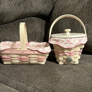 Longaberger Hope Pink and Natural Woven Basket Pair